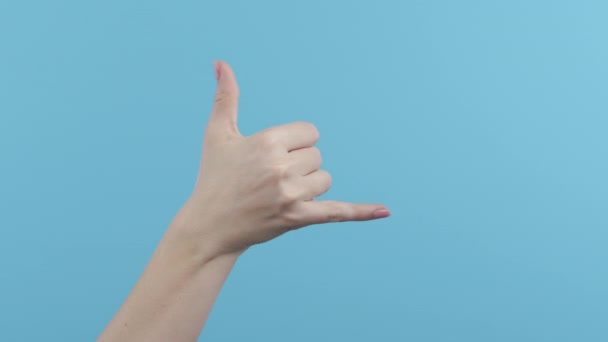 女性的手表现出经典的沙卡夏威夷冲浪者的问候 爱情的象征 称呼手势用手指 蓝色工作室背景 高质量的4K镜头 — 图库视频影像