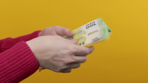현금을 계산하는 유로화 100 지폐노란 배경에 수익성 고품질 — 비디오