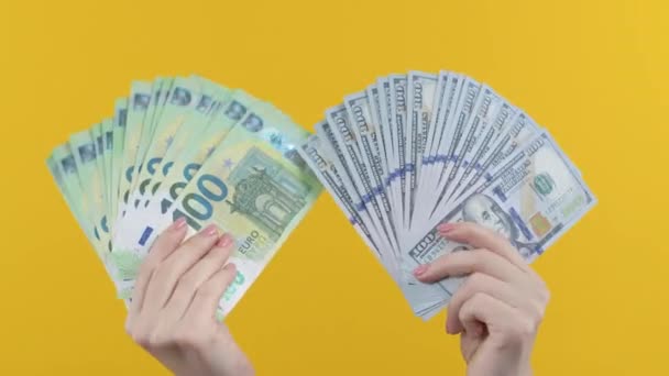 Mulher Com Dinheiro Dinheiro Notas Euro Dólares Americanos Euros Fundo — Vídeo de Stock