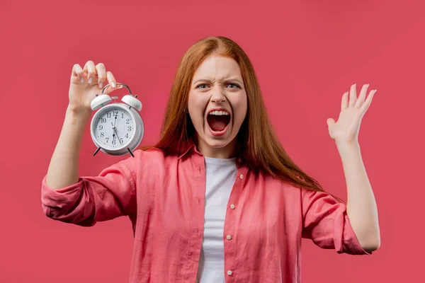 Woken up by alarm clock sleepy woman screaming loud, holding it in hand. Pink background. Early 6 o\'clock in morning. Lazy lady didn\'t get enough sleep, concept of passing time. High quality photo