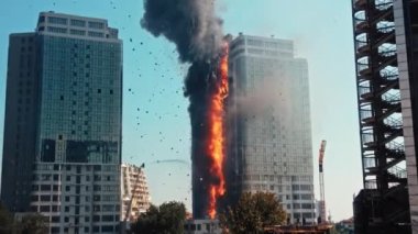 Fire and smoke blaze, residential apartment. Civilian high-rise building damaged from enemy rocket attack. Real war. High quality 4k footage