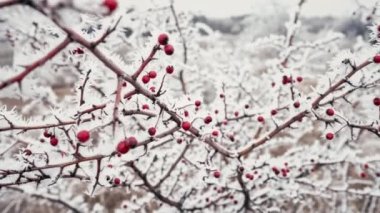 Red rose hips berries, branches covered by snow, hoarfrost in winter.Rosa canina. High quality 4k footage