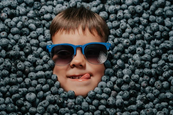 Smiling little boy face in eyewear fresh ripe berries - blueberries. Child covered with blackberry. Kid enjoying organic bilberry plant. Diet, antioxidant, healthy vegan food.