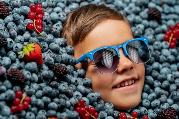 Smiling little boy face in eyewear fresh ripe berries - blueberries, strawberries, currant. Child covered with blackberry. Kid enjoying organic bilberry plant. Diet, antioxidant, healthy vegan food.