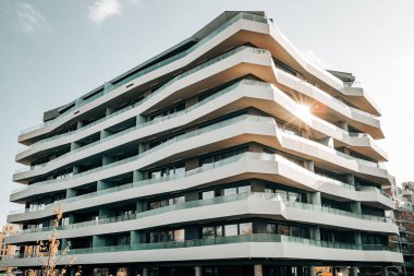 Modern high-rise apartment building in Prague. Geometric architecture . High quality photo