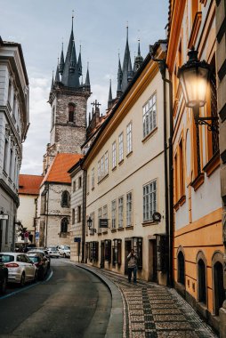 Prague, Czech - November 2023. Old european city street in autumn. Cozy exterior. High quality photo