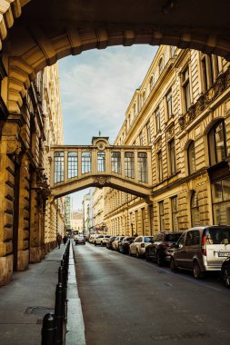 Prague, Czech - November 2022. Ornamental bridge crossing between buildings in Nekazanka street. High quality photo