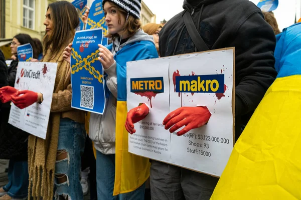 Praga Chequia Febrero 2023 Activistas Ucranianos Refugiados Protestan Contra Guerra — Foto de Stock