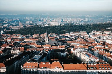 Panorama city of Prague from height. View from Observation deck in Zizkov TV Tower. High quality photo