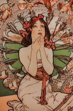 Prague, Czech - March 2023. Alphonse Mucha exhibition in Central Gallery. Monaco Monte Carlo poster art nouveau. Famous installation. Legend artist, painting, collection. High quality photo clipart