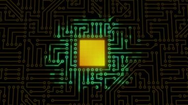 Devre dijital nabız patlaması. Enerji ana kartta yayılıyor. Çipten sinyaller ve bağlantılar. Yüksek kalite 4k görüntü