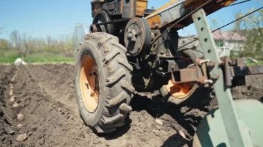 Çiftçi adam çalışıyor, bahçe çernozem tarlasında motorlu ünite motoblock ile çiftçilik yapıyor. Küçük ölçekli bir traktör, evde kullanılıyor. Arazi ekimi, patates ekme, toprak sürme. Tarım.