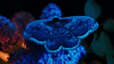Avrupa gece kelebeği - Saturnia pyri, dev tavus kuşu güvesi mavi ışık altında leylak dalında oturur. Kırmızı kitaptaki inanılmaz nadir böcek türleri. Yüksek kalite 4k görüntü