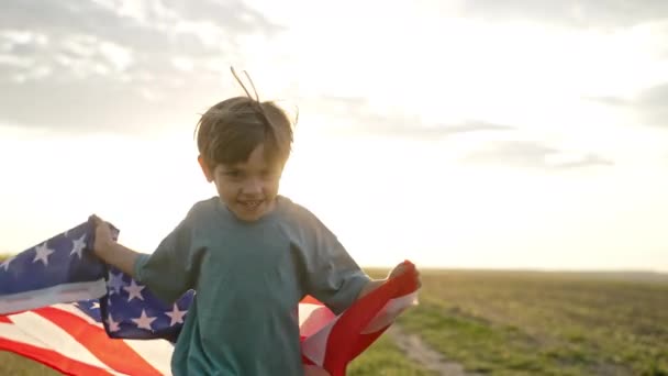 Cute Little Boy American Patriot Kid Running National Flag Open — Stock Video