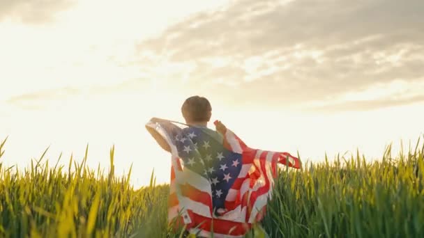 かわいい男の子 緑のフィールドで国旗と一緒に走っているアメリカの愛国者の子供 アメリカ 7月4日 独立記念日 お祝い アメリカの旗 記念退役軍人 アメリカ — ストック動画