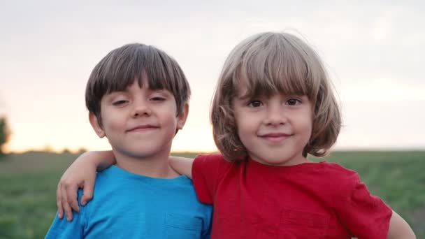 緑の牧草地の自然背景に小さな4歳の少年笑顔 一緒に幸せな子供たち 夢の息子 — ストック動画