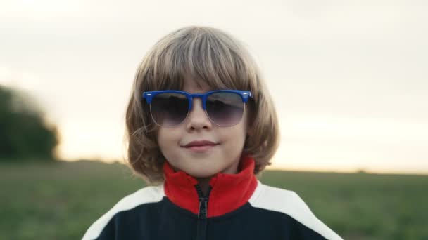 Smilende Lille Årig Dreng Grøn Eng Natur Baggrund Det Glade – Stock-video