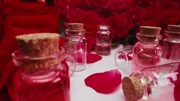 Ätherisches Rosenöl Flaschen Herstellung Von Flüssigem Aromaserum Extrakt Pinkfarbene Tropfen — Stockvideo