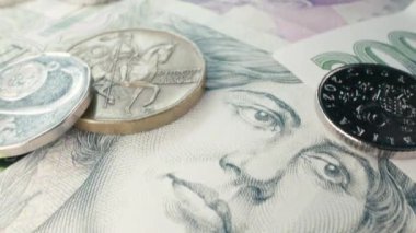 Çek nakit parası. Makro özgeçmişi yakın plan. Çek Krallığı. Emmy Destinn 'le Ceska Koruna. Fatura kağıtları, yeni banknotlar ve paralar. Para politikası. Genel ticaret