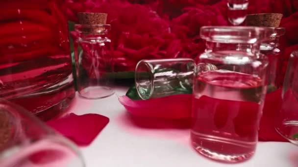 Aceite Esencial Rosa Botellas Producción Extracto Suero Aroma Líquido Gotas — Vídeos de Stock