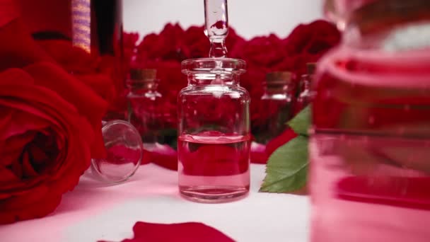Roseeterisk Olja Flaskor Producerar Flytande Arom Serumextrakt Rosa Klara Droppar — Stockvideo