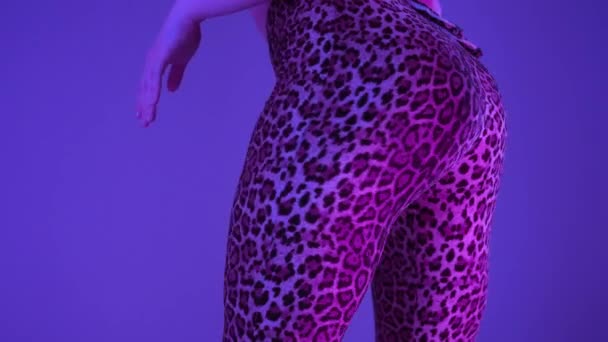 穿着豹裤的性感女人跳着现代舞曲 女孩摇晃着 扭动着她的臀部靠近工作室的背景 霓虹灯 — 图库视频影像