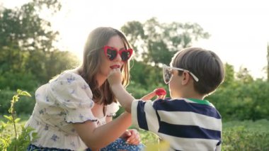 Küçük şirin çocuk, annesini kırmızı çileklerle besliyor. Çocuk bitkileri, yazın doğayı keşfediyor. Oğlumla harika bir sahneydi. Aile, aşk, çocukluk, arkadaşlık kavramı