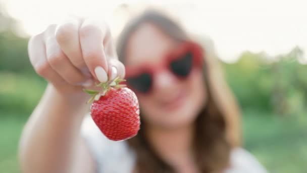 딸기가 배경에 있어요 긍정적 장면이죠 모양의 선글라스를 고품질 — 비디오