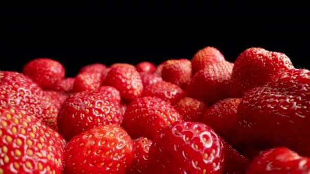 Fresas Maduras Rojas Orgánicas Sobre Fondo Negro Bayas Jugosas Naturales — Vídeo de stock