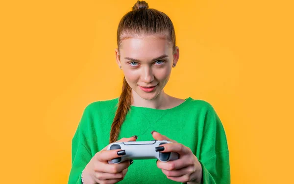 Pretty Young Woman Playing Video Exciting Game Joystick Isolated Yellow — Stock Photo, Image