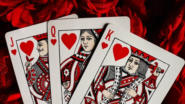 Kaarten Voor Het Gokken Rozen Blackjack Poker Concept Koningin Koning Rechtenvrije Stockafbeeldingen