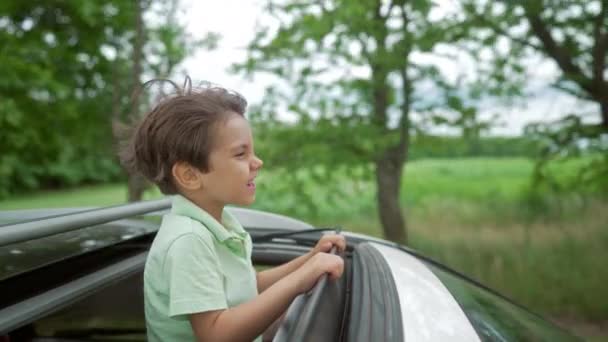 Liebenswert Glücklicher Kleiner Junge Steht Offenen Autoschiebedach Während Einer Sommertour — Stockvideo