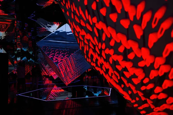 Temmuz 2023 - Prag, Çek Cumhuriyeti. İnteraktif galaksi neon dijital sanat müzesi. Serginin tadını çıkarıyorum. Sanal gerçeklik, soyut renkli kavram. Yüksek kalite fotoğraf