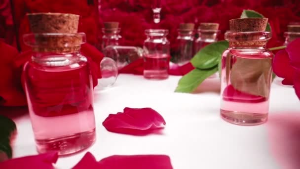 瓶装玫瑰精油 生产液体香气血清提取物 粉红清澈的水滴从管道滴入玻璃容器 摘要护肤产品 4K镜头 — 图库视频影像