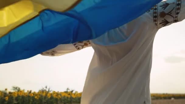 Šťastná Ukrajinská Žena Národní Vlajkou Letním Nebi Pozadí Dáma Výšivce — Stock video