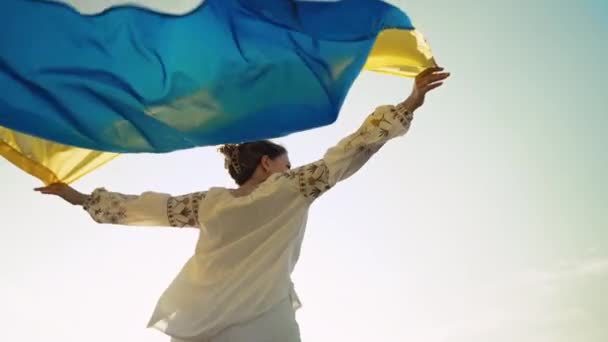 Щаслива Українка Національним Прапором Фоні Літнього Неба Пані Вишивці Вишиванка — стокове відео