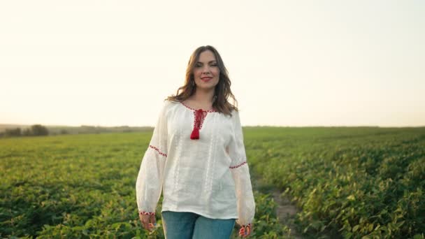 Porträtt Leende Ukrainska Kvinna Grönt Fält Ung Dam Traditionell Broderi — Stockvideo