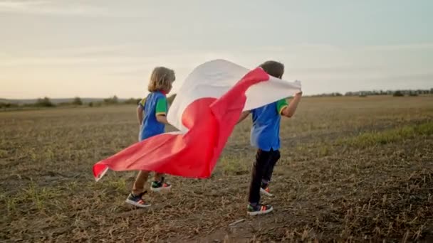Piccoli Ragazzi Carini Polacchi Che Corrono Con Bandiera Nazionale Polacca — Video Stock