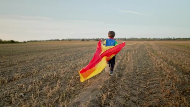 Іспанський Фан Хлопчик Святкує Біг Національним Прапором Еспани Відкритому Полі — стокове відео