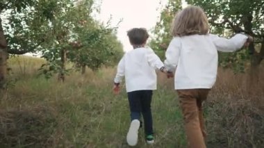 Küçük Ukraynalı çocuklar elma bahçesinde neşeli bir şekilde yol boyunca koşuyorlar. Geleneksel işlemeli vyshyvanka tişörtlü çocuklar. Ukrayna, kardeşler, özgürlük, ulusal kostüm, vatanseverler.
