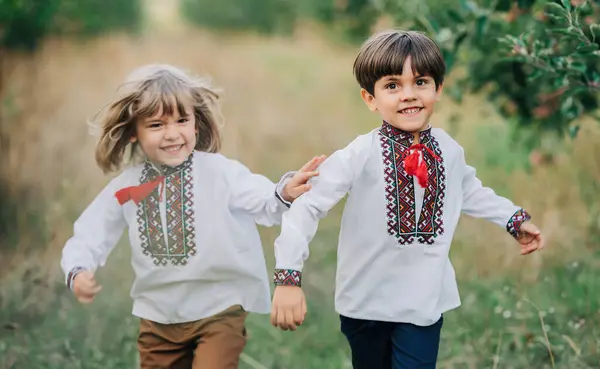 Pequenos Meninos Ucranianos Correndo Alegremente Longo Caminho Gramado Jardim Maçã Imagem De Stock