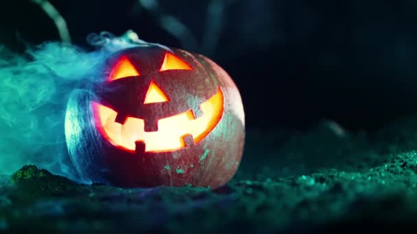 Angst Symbool Van Halloween Jack Lantaarn Begane Grond Begraafplaats Onder — Stockvideo