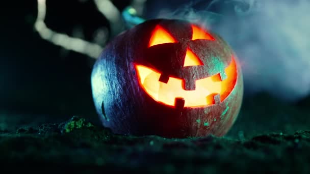 Félelmetes Jelképe Halloween Jack Lámpás Földi Temetőben Eső Alatt Éjjel — Stock videók