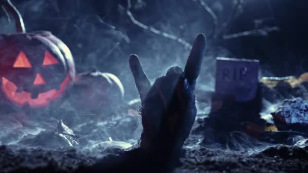 Zombie Hand Rock Fingers Rocknroll Gesture Punk Sign Halloween Party — Stock Video