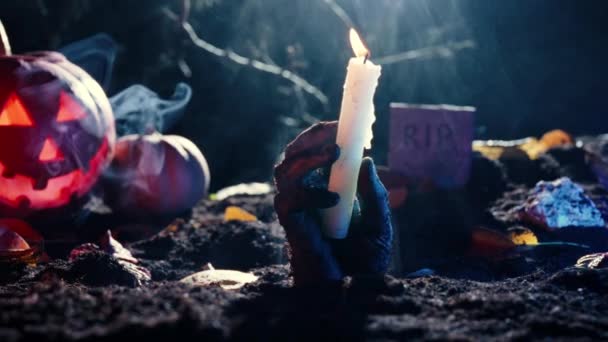 Жахлива Рука Зомбі Виходить Могили Кладовищі Померли Шукаючи Жертву Страшна — стокове відео