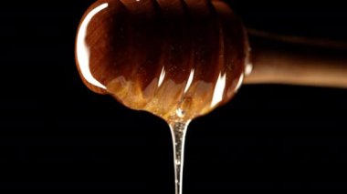 Organik bal, zeytinyağı kaşığından akar. Lezzetli bir işlem. Apiary, arıcılık konsepti. Damlayan, tatlı sıvı nektarı yavaş çekimde döken. Yüksek kalite 4k görüntü