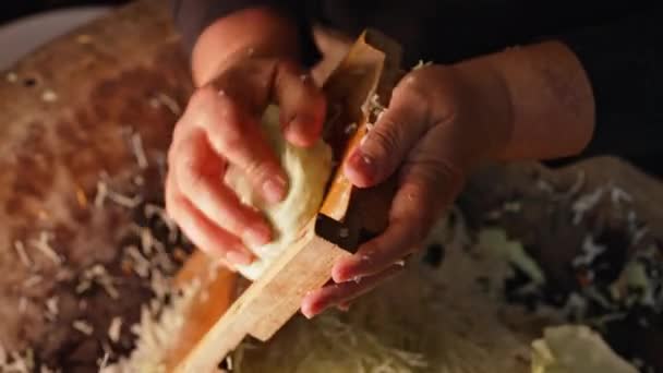 Woman Rubs Cabbage Grater Cooking Traditional Ukrainian Fermented Sauerkraut Salad — Stock Video