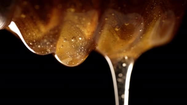Ekologisk Honung Flödar Från Olivträ Dipper Stick Sked Välsmakande Process — Stockvideo