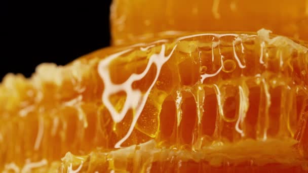 生蜂窝倒入纯金蜂蜜长生不老药 令人惊奇的美味的流动 宏观质感 花蜜结构 可爱的视觉 惊人的细节 高质量的4K镜头 — 图库视频影像