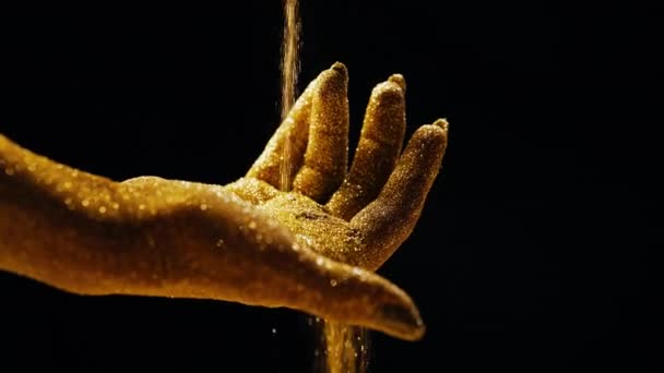 Golden Sand Grains Falling Female Hands Time Slip Away Symbol — Stock Video